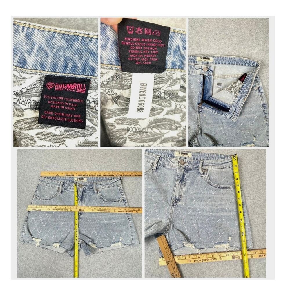Rock & Roll Denim Diamond Stud Shorts Size 33 Raw Hem Stretch High Rise Sparkle - Picture 6 of 6